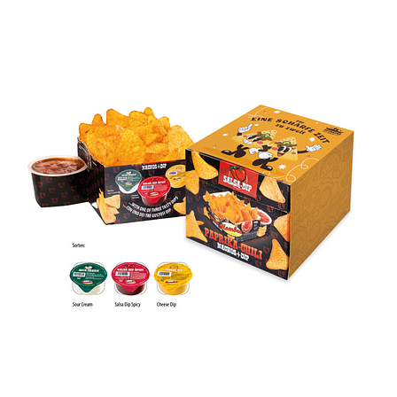 Nacho Box im Schuber – 190 g mit individuell gestaltbarer Banderole und drei leckeren Dips