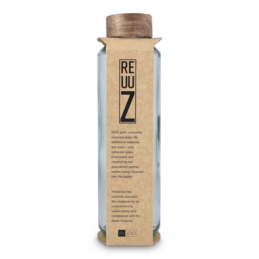 Recycelte Glaswasserflasche ReuuZ mit Holzverschluss 650 ml Frileel