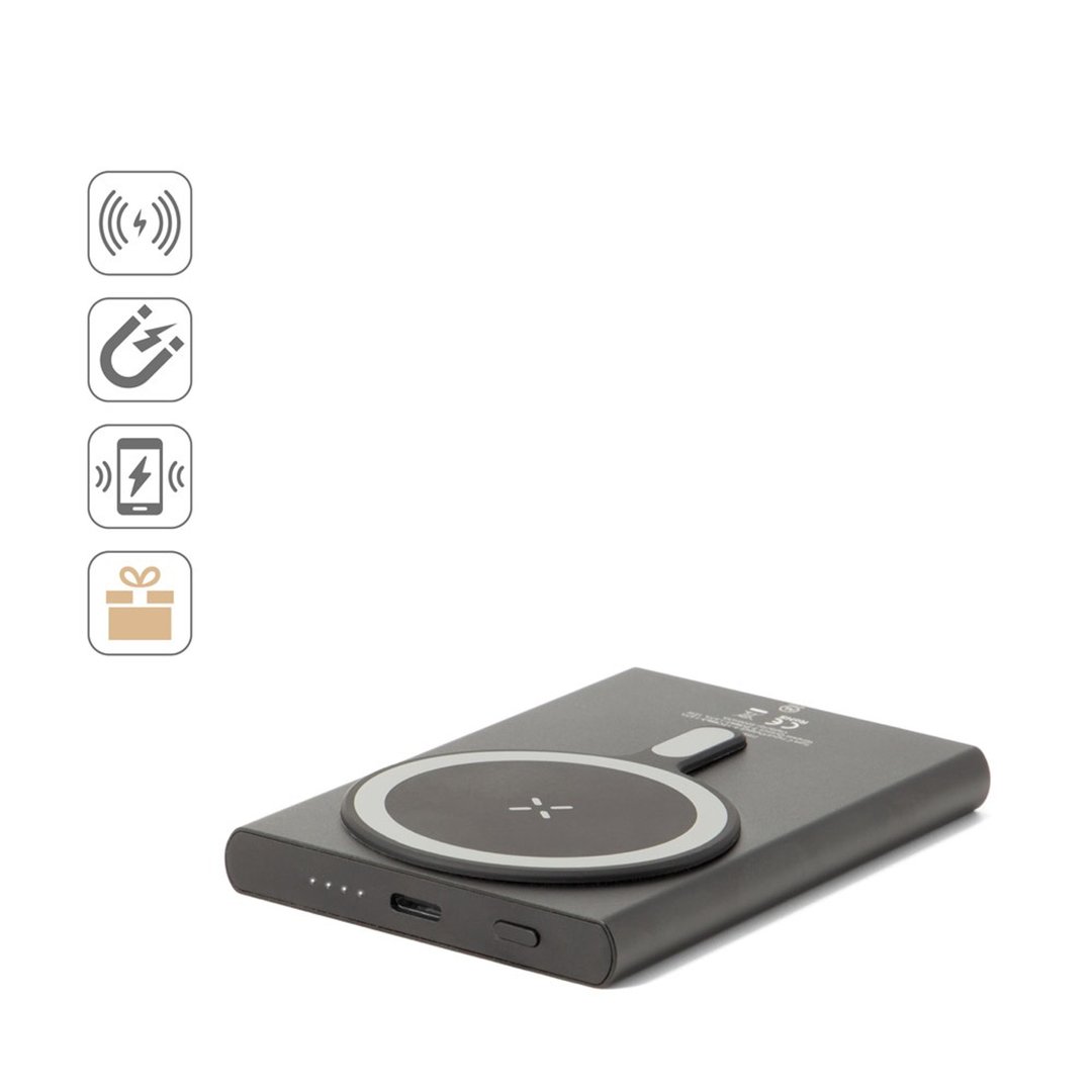 Magnetische Powerbank mit Schnellladefunktion aus recyceltem Aluminium und recyceltem PET, 5'000 mAh Rudorst