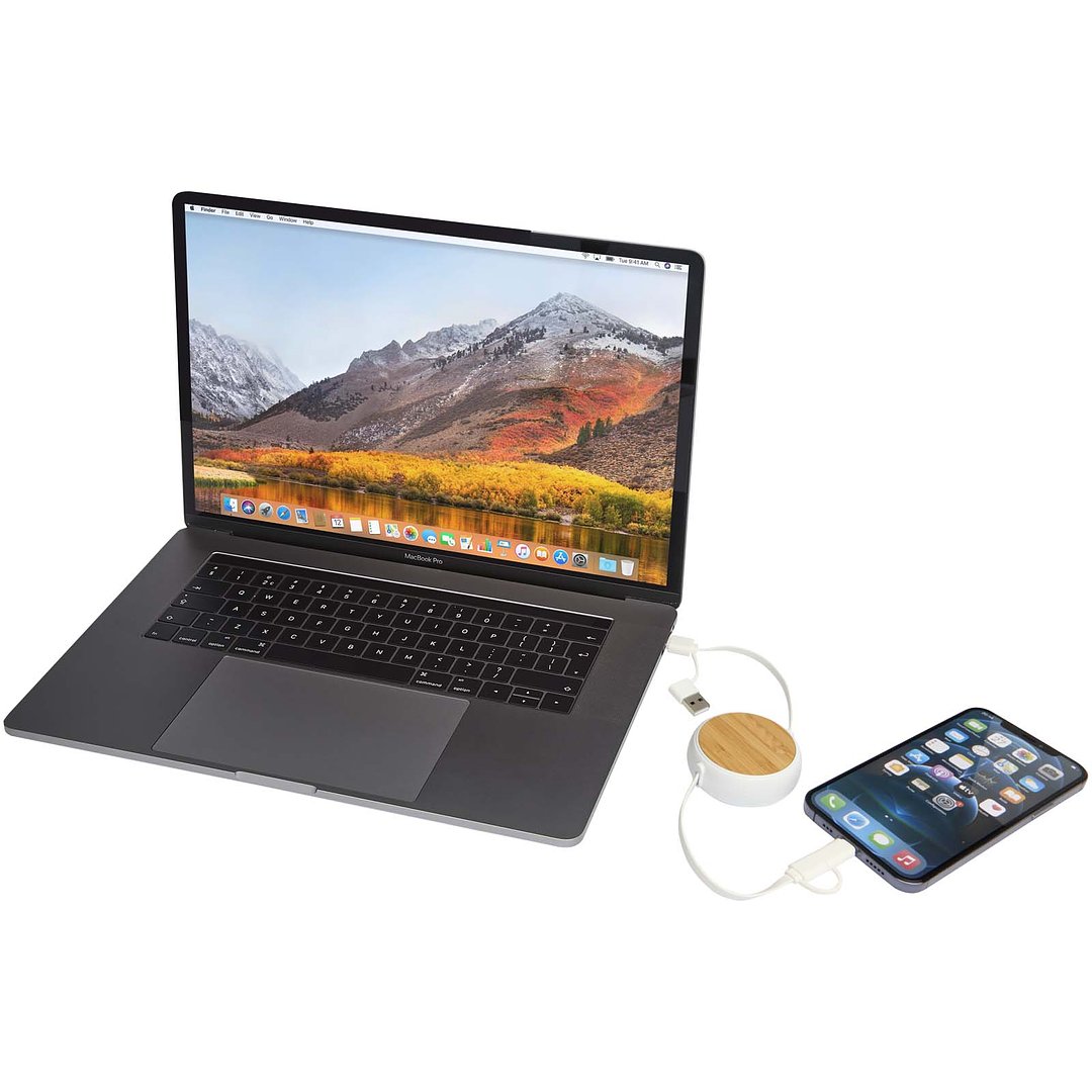 100cm 5-in-1 Kabel aus recyceltem Kunststoff, einziehbar, für Datenübertragung und 45W Schnellladung mit Bambusdetails - Duma