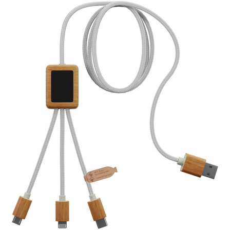 3-in-1-Ladekabel aus rPET mit Leuchtlogo und Bambusgehäuse - Annetholl
