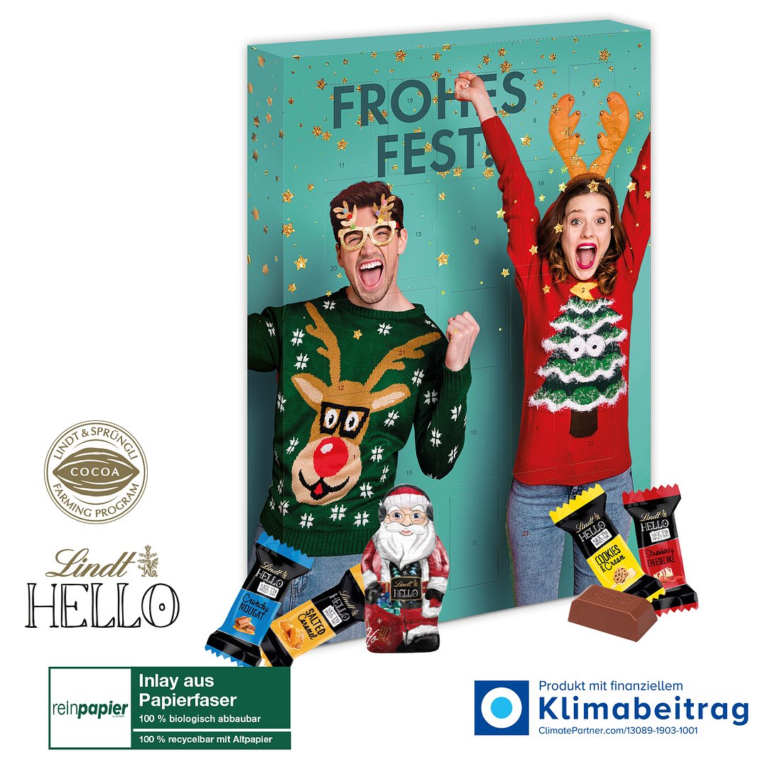 Adventskalender Lindt „HELLO“ Mini Stick Mix mit Santa, Inlay aus Papierfaser