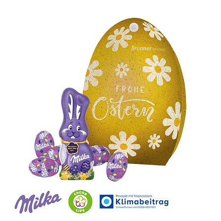 Werbe-Osterei mit Milka Schokoladenmischung auf Graspapier