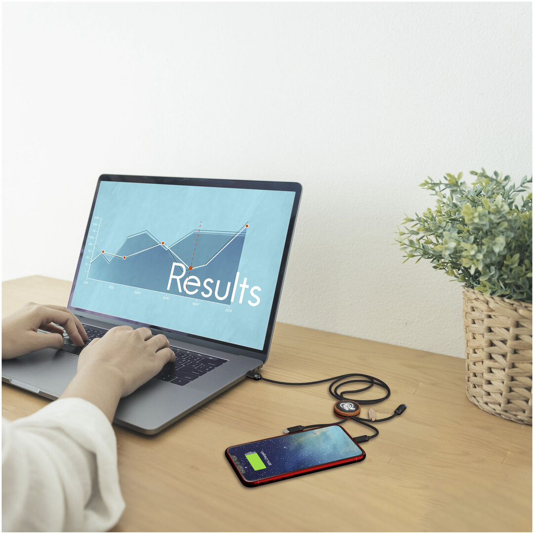 3-in-1 rPET erweitertes Ladekabel mit Leuchtlogo in rundem Bambusgehäuse - Dinelveri