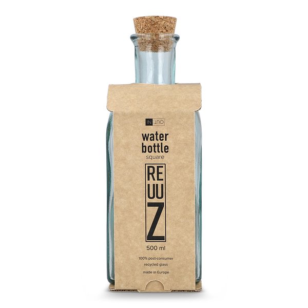 Square Recycelte Glaswasserflasche ReuuZ mit Korkverschluss 500ml Giannele