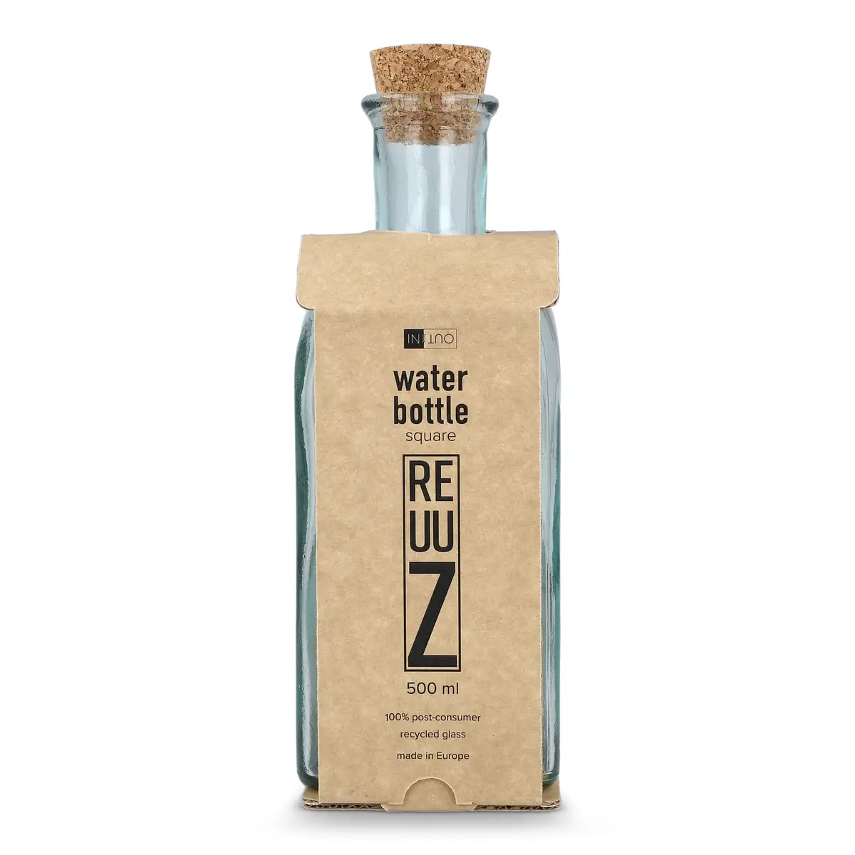 Square Recycelte Glaswasserflasche ReuuZ mit Korkverschluss 500ml Giannele