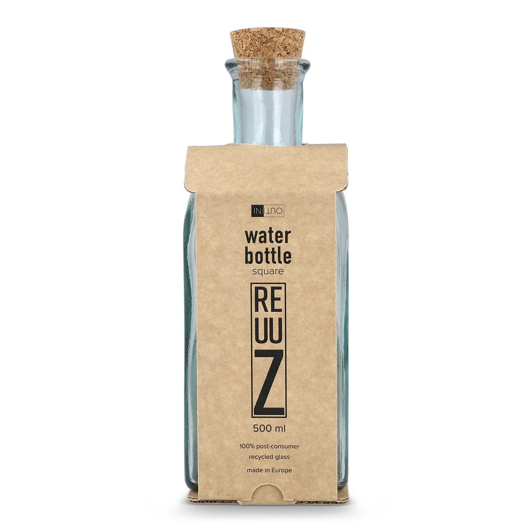 Square Recycelte Glaswasserflasche ReuuZ mit Korkverschluss 500ml Giannele