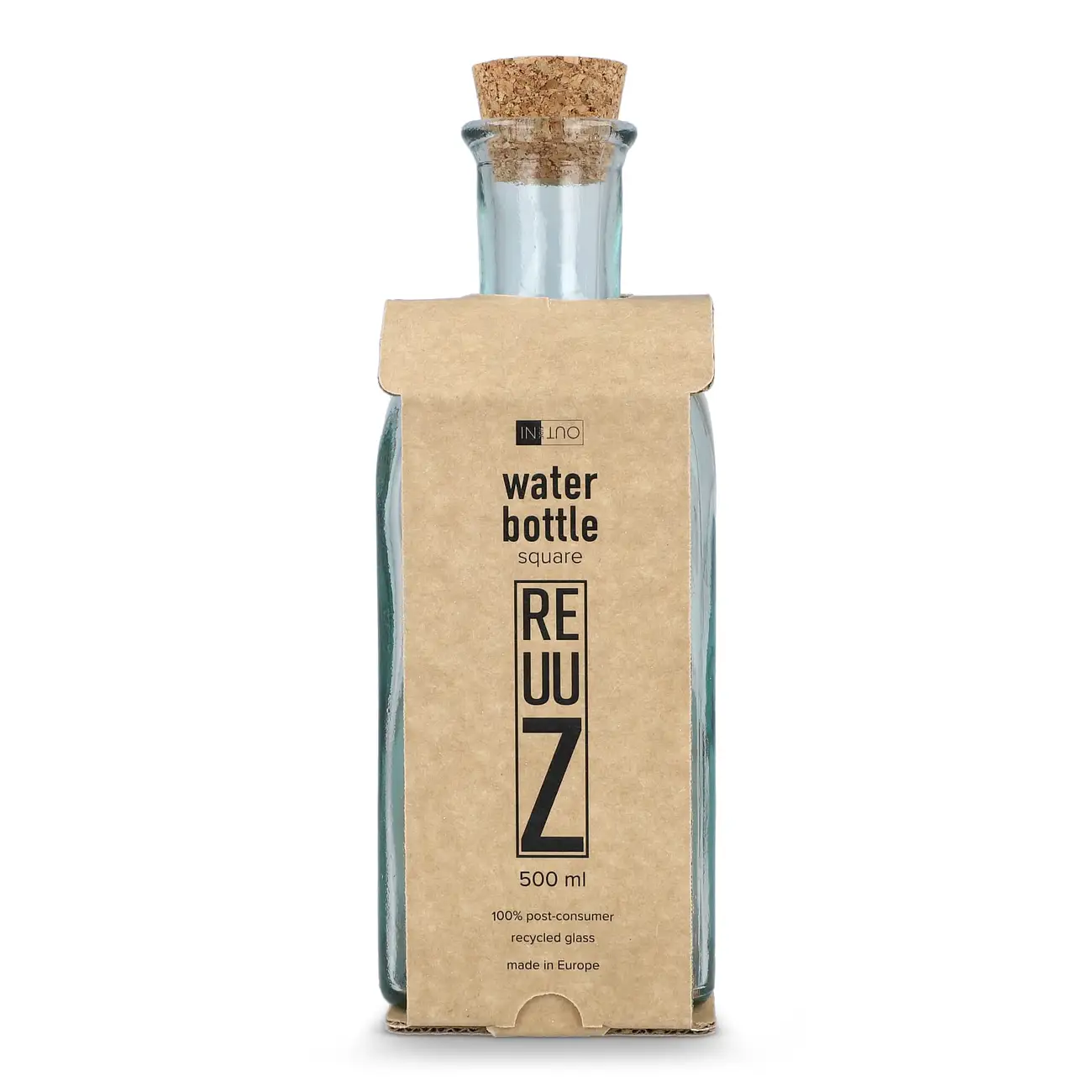Square Recycelte Glaswasserflasche ReuuZ mit Korkverschluss 500ml Giannele