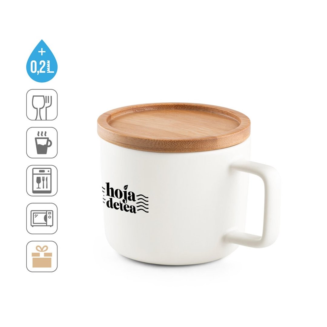 Tasse aus Keramik 250ml mit Deckel aus Bambus, der als Untersetzer dient Rendin