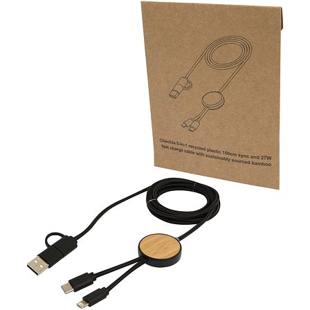 150 cm 5-in-1 Kabel aus recyceltem Kunststoff für Datenübertragung und 27W Schnellladung mit Bambusdetails - Aninan