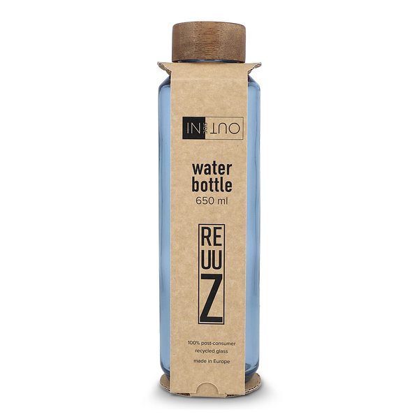 Recycelte Glaswasserflasche ReuuZ mit Holzverschluss 650 ml Frileel
