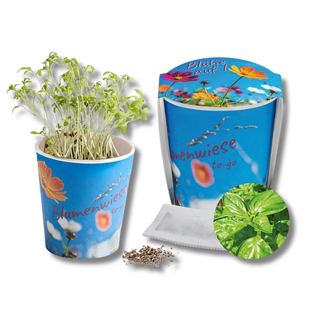 Logo-Topf mit Samen als Werbeartikel