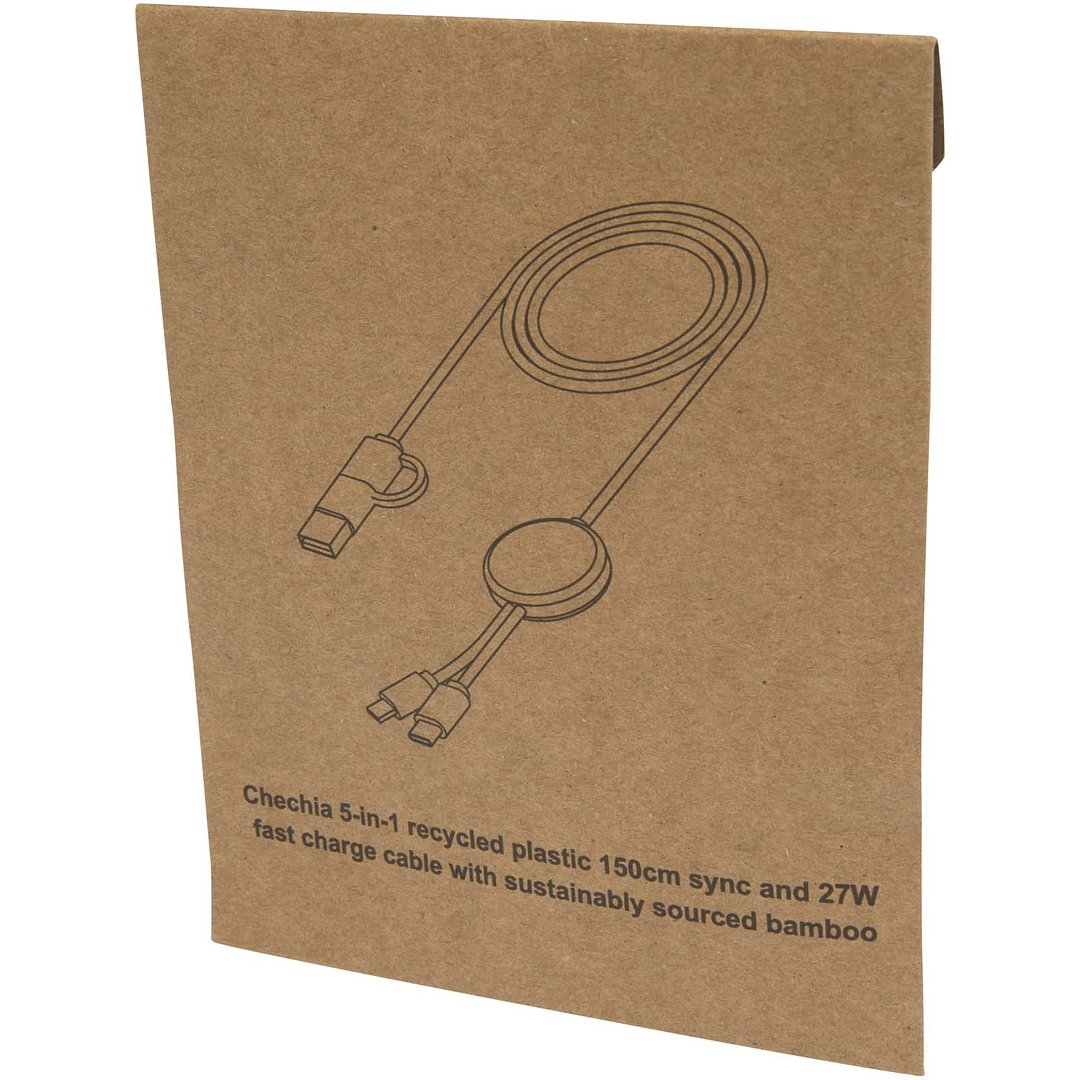 150 cm 5-in-1 Kabel aus recyceltem Kunststoff für Datenübertragung und 27W Schnellladung mit Bambusdetails - Aninan