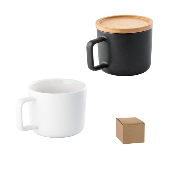 Tasse aus Keramik 250ml mit Deckel aus Bambus, der als Untersetzer dient Rendin