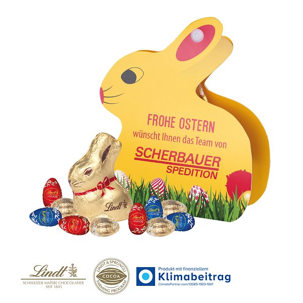 Werbe-Hase mit Goldhase und Schoko-Eier von Lindt