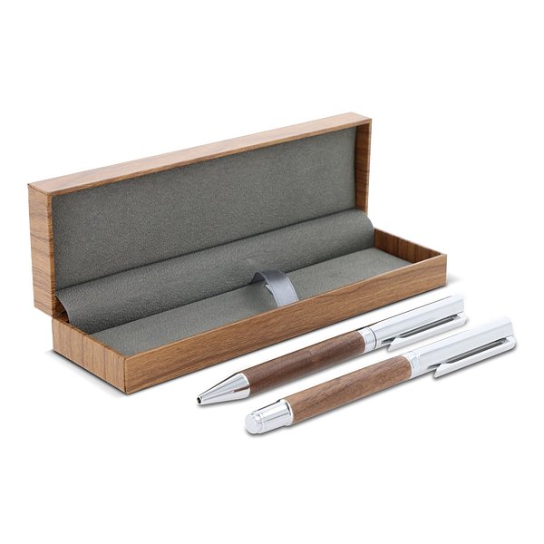 Set Kugelschreiber und Rollerball aus Metall Nussbaumholz in Geschenkbox Bengauna