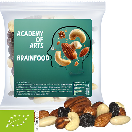 Bio Studentenfutter 30 g – Werbeartikel Snack mit Etikett