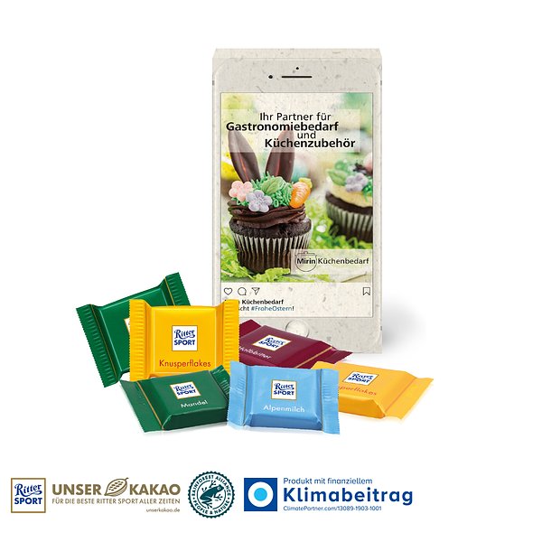 Ritter SPORT Schokotäfelchen in Präsentbox auf Graspapier