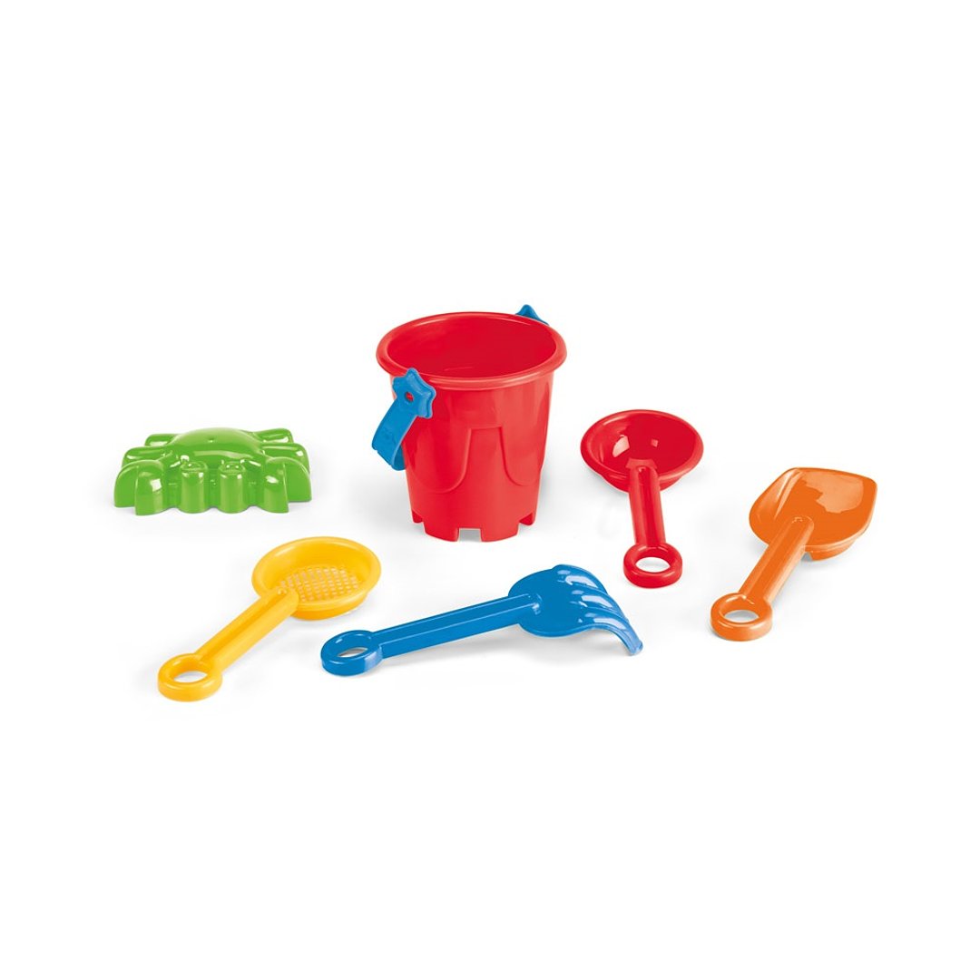 StrandEimer aus PP mit 5 Zubehörteilen: 3 Schaufeln, 1 Rechen, 1 Fisch oder 1 Krabbe Lixurs