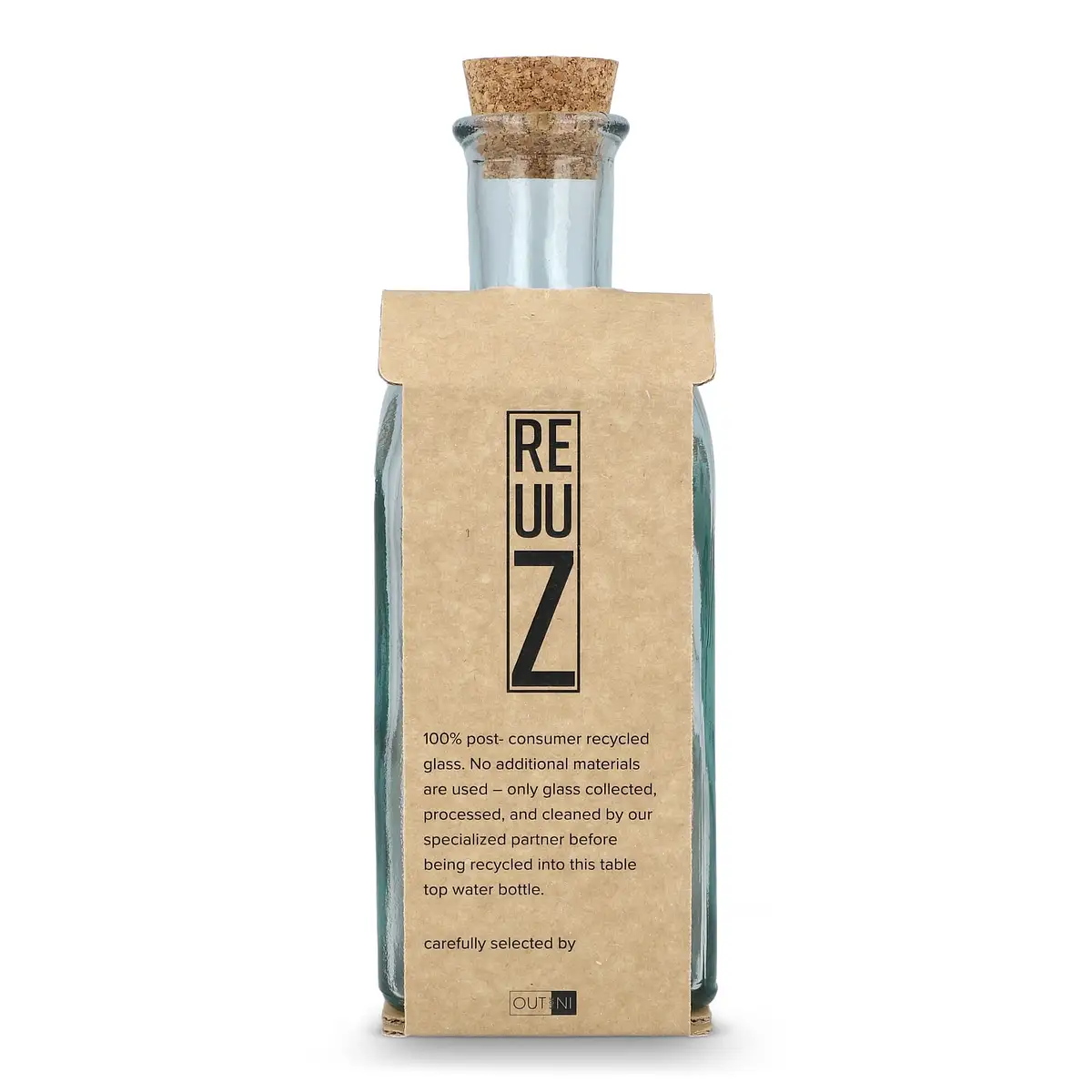 Square Recycelte Glaswasserflasche ReuuZ mit Korkverschluss 500ml Giannele