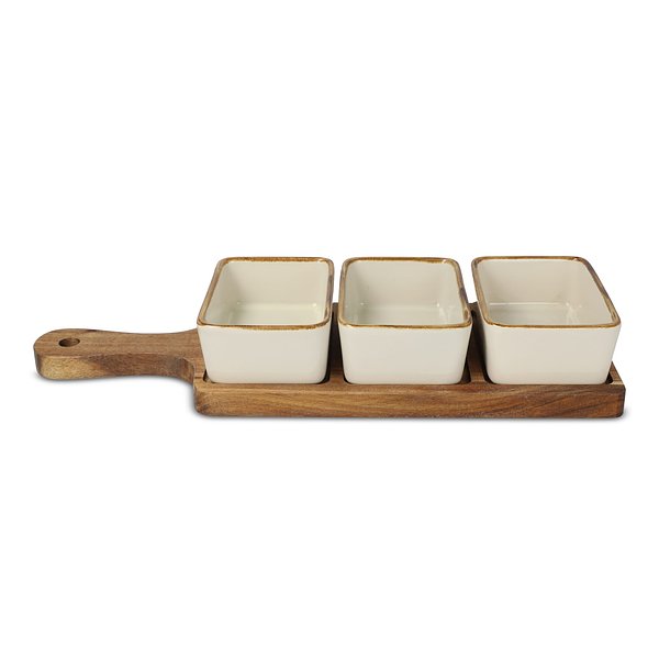 Servierbrett aus Holz mit 3 Keramikschalen Utzel