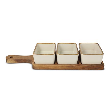 Servierbrett aus Holz mit 3 Keramikschalen Utzel