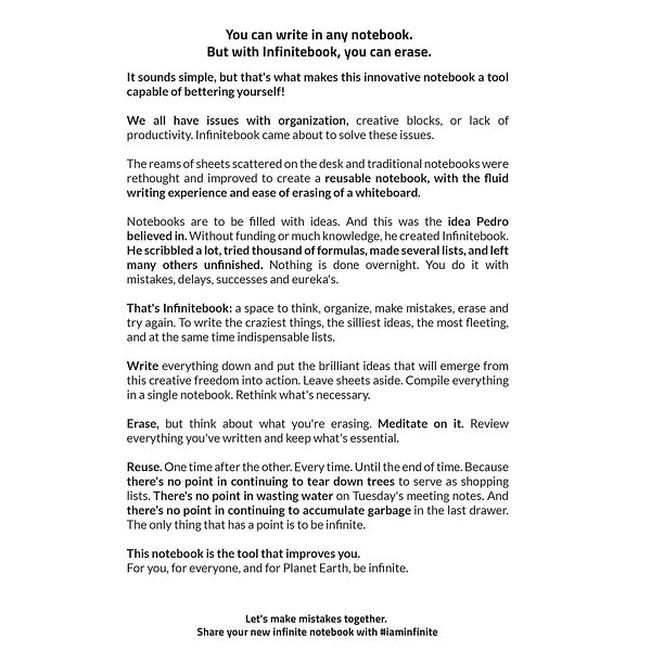 "Infinitebook" mit flexiblem Einband und 15 unlinierten Whiteboard Seiten Grinatian