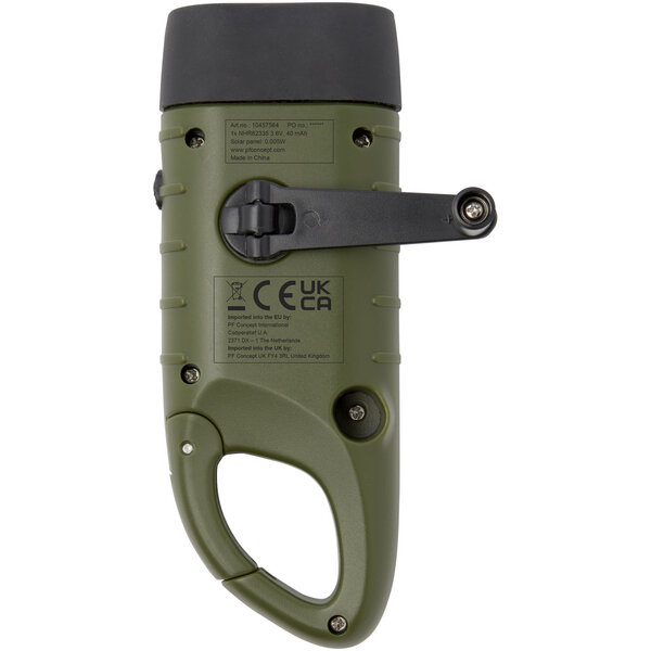 Solar-Dynamo-Taschenlampe aus recyceltem Kunststoff mit Karabinerhaken - Bendivia
