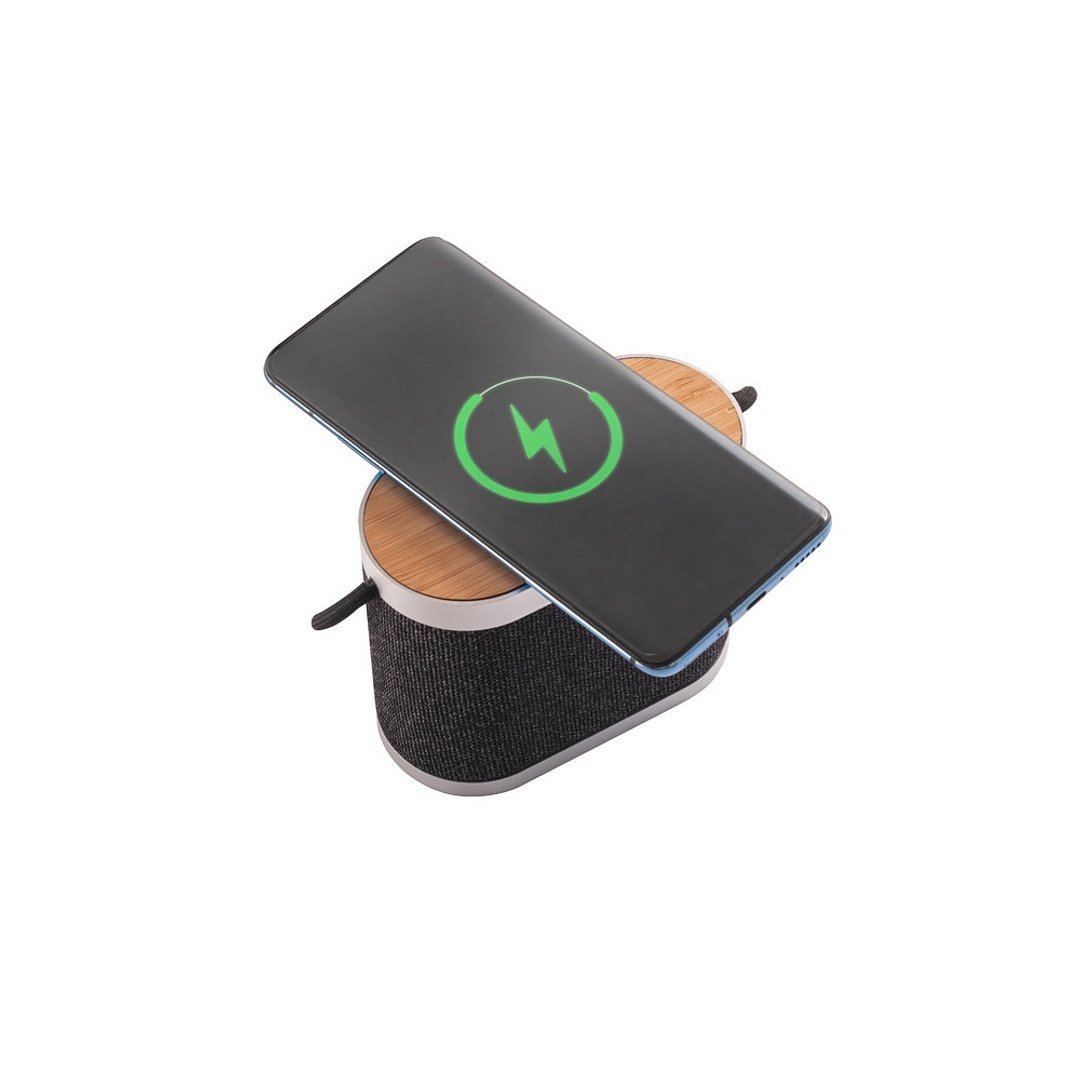 Tragbarer 5W-Lautsprecher mit superschnellem kabellosem 15W-Ladegerät und 2h Akkulaufzeit aus Bambus und 100% rPET Maspel