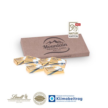 Präsentbox mit Lindt Schokotäfelchen auf NATURKARTON