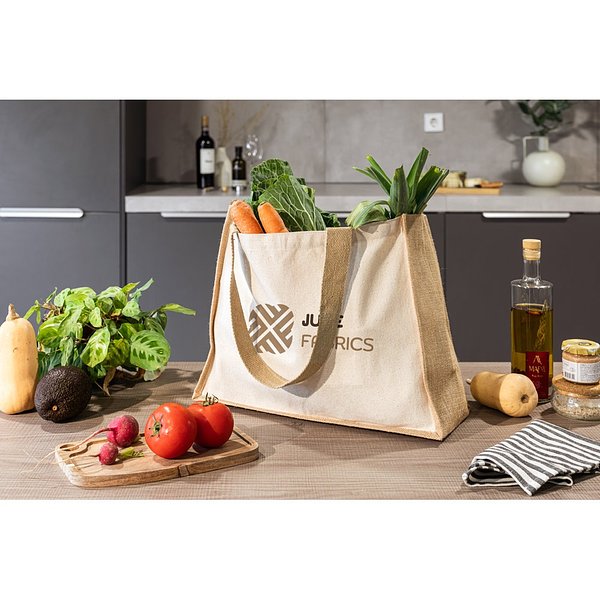 Tasche aus Canvas (320 g/m²), mit Boden und Seiten aus laminierter Jute (350 g/m²) in Naturtönen Annani
