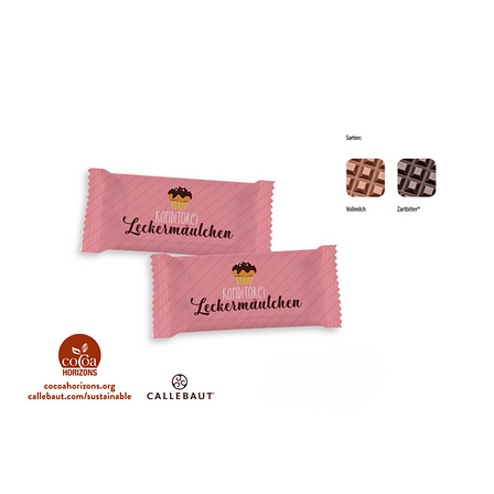 Edle 5 g Schokoladentäfelchen aus belgischer Callebaut Schokolade mit bedruckbarer Verpackung
