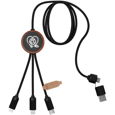 5-in-1 rPET Ladekabel in rundem Bambusgehäuse mit Leuchtlogo - Bignan