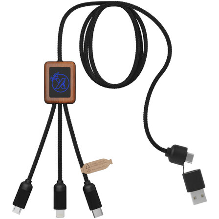 5-in-1 Ladekabel aus rPET in quadratischem Bambusgehäuse mit Leuchtlogo - Walun