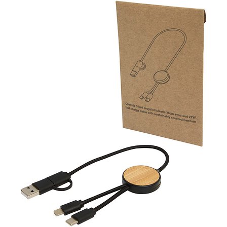 30 cm 5-in-1 Kabel aus recyceltem Kunststoff für Datenübertragung und 27W Schnellladung mit Bambusdetails - Bettt