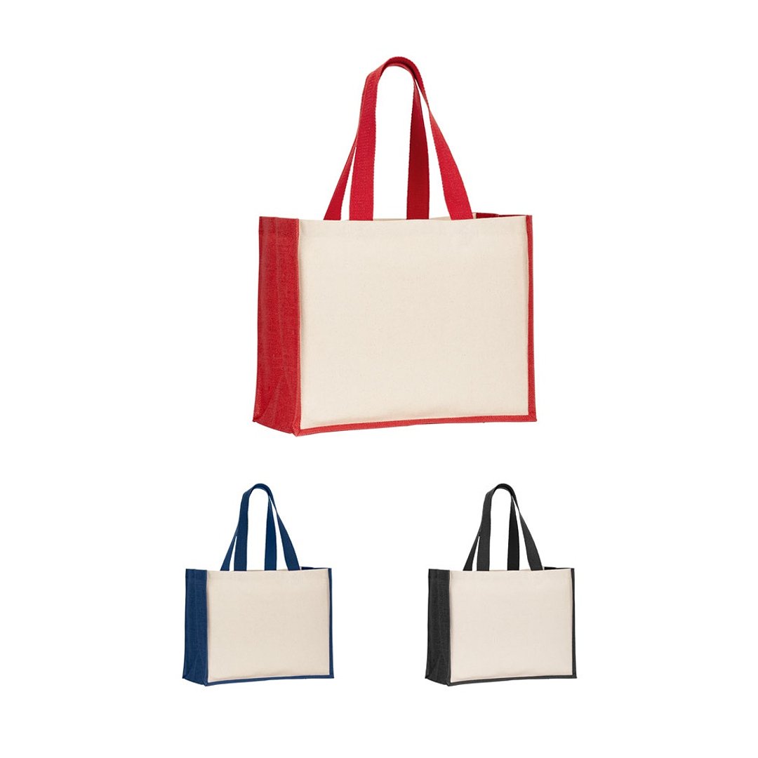 Tasche aus Canvas (320 g/m²), mit Boden und Seiten aus farbig laminierter Jute (350 g/m²) Ylannatrg