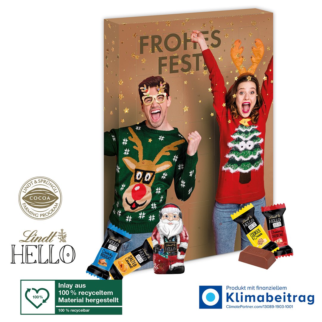 Adventskalender Lindt „HELLO“ Mini Stick Mix mit Santa, Inlay aus 100% recyceltem Material