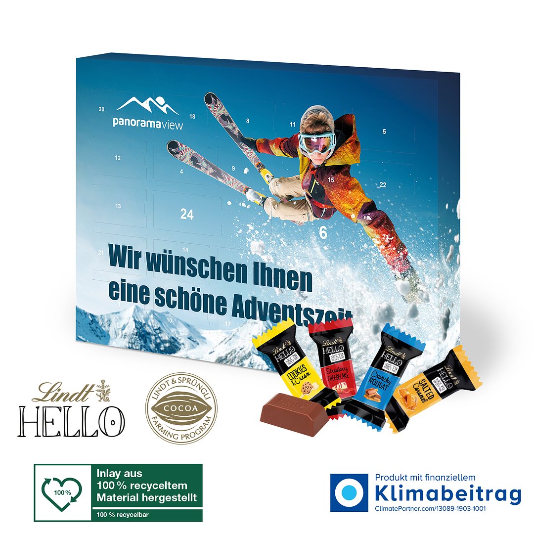 Adventskalender Lindt „HELLO“ Mini Stick Mix, Inlay aus 100% recyceltem Material