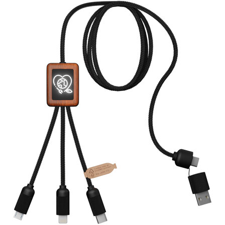 5-in-1 Ladekabel aus rPET in quadratischem Bambusgehäuse mit Leuchtlogo - Walun