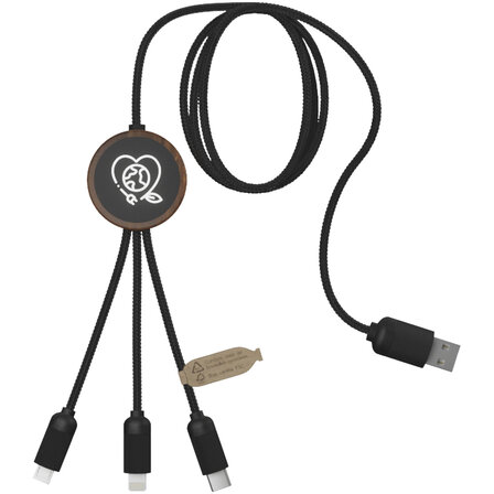 3-in-1 rPET erweitertes Ladekabel mit Leuchtlogo in rundem Bambusgehäuse - Dinelveri