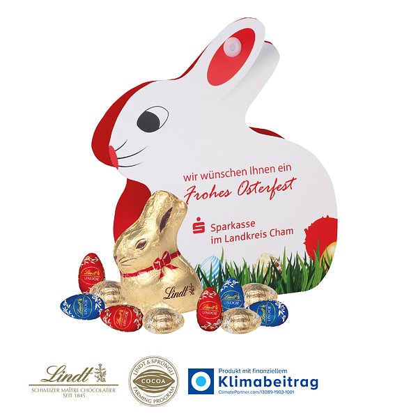 Werbe-Hase mit Goldhase und Schoko-Eier von Lindt