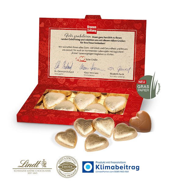 Präsentbox Business mit Lindt Schokoherzen auf GRASPAPIER