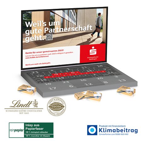 Adventskalender „Laptop“ Lindt Organic mit Lindt Schokotäfelchen