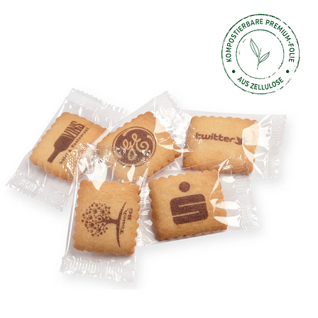 Bedruckte Vanille-Butterkekse in Klarsichtfolie – Individuell & nachhaltig verpackt für Werbeaktionen