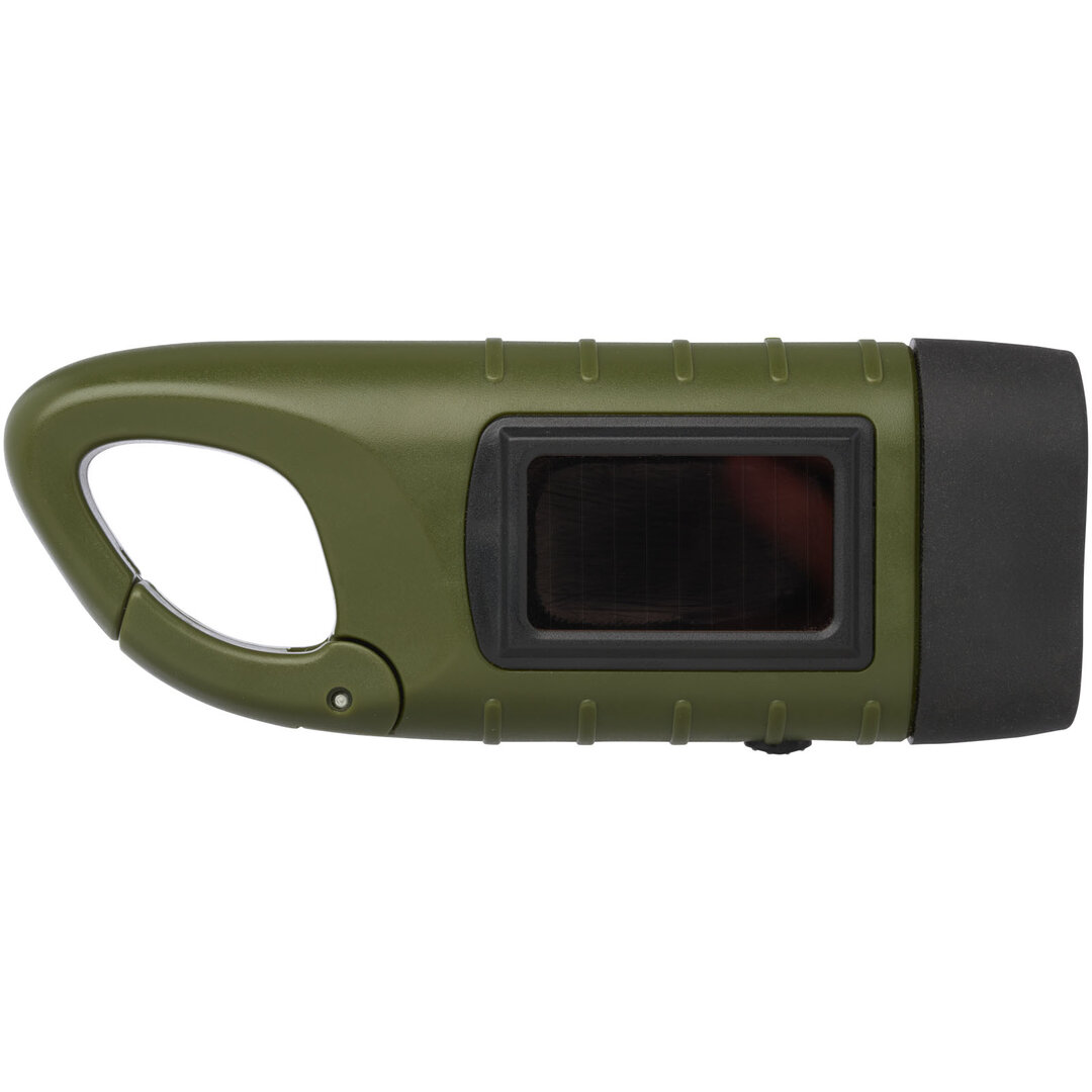 Solar-Dynamo-Taschenlampe aus recyceltem Kunststoff mit Karabinerhaken - Bendivia