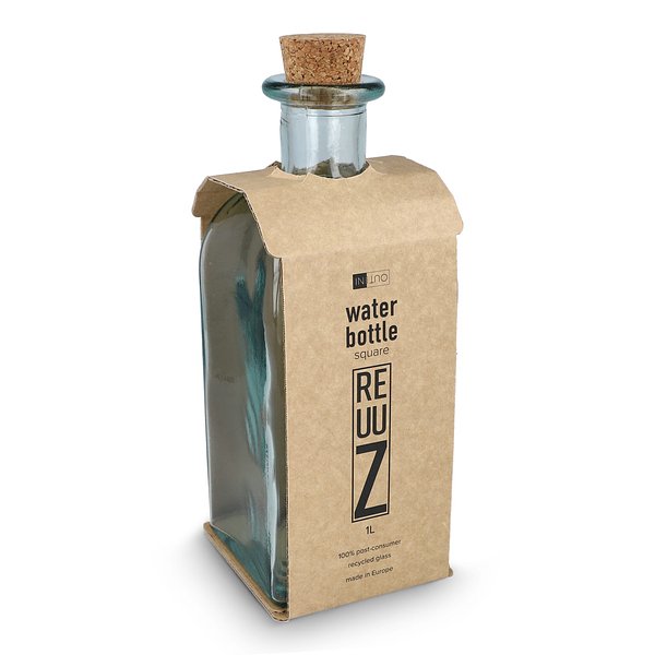 Square Recycelte Glaswasserflasche ReuuZ mit Korkverschluss 1 l Fränziama