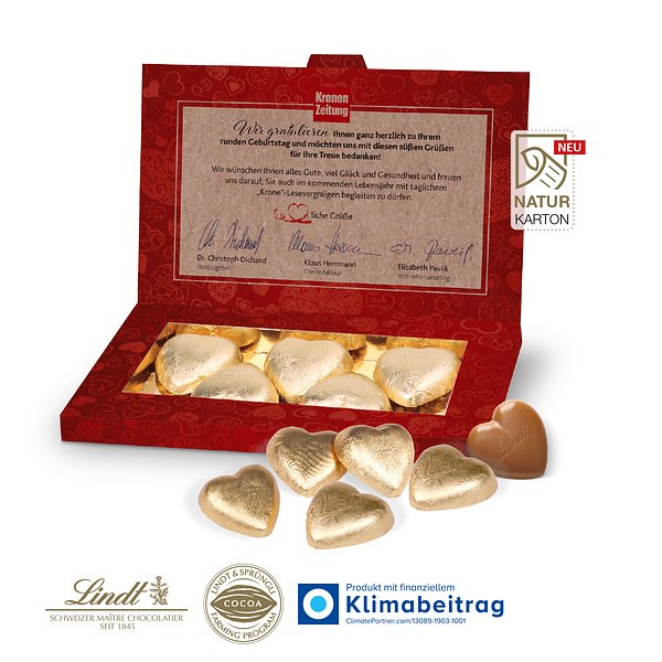 Präsentbox Business mit Lindt Schokoherzen auf NATURKARTON