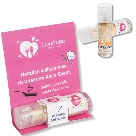 Salzmühle mit Displaykarte – Individuelles Werbemittel für kulinarische Events