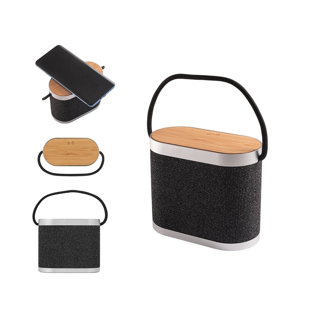 Tragbarer 5W-Lautsprecher mit superschnellem kabellosem 15W-Ladegerät und 2h Akkulaufzeit aus Bambus und 100% rPET Maspel