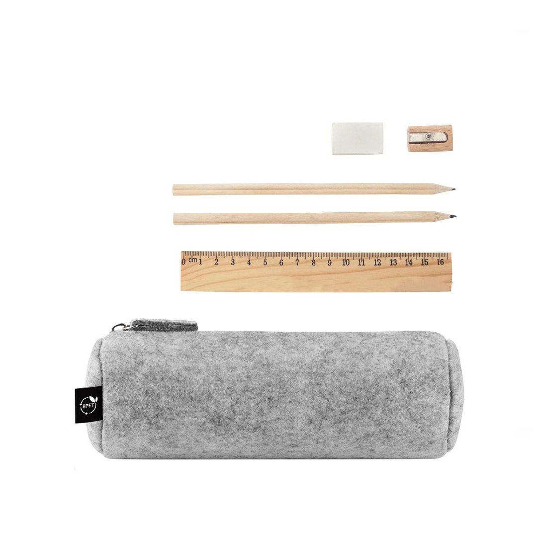 Mehrzwecketui aus recyceltem Filz (100 % rPET) mit Lineal, Bleistiften, Radiergummi und Spitzer Lüthlie